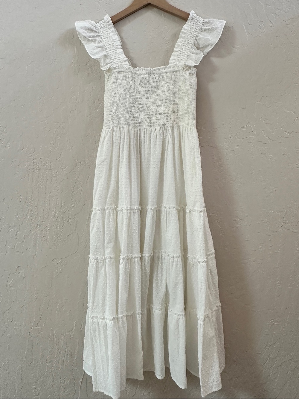Smocked Bodice Ruffle Strap Tiered Midi Dress in White, Nap Dress 100% Cotton